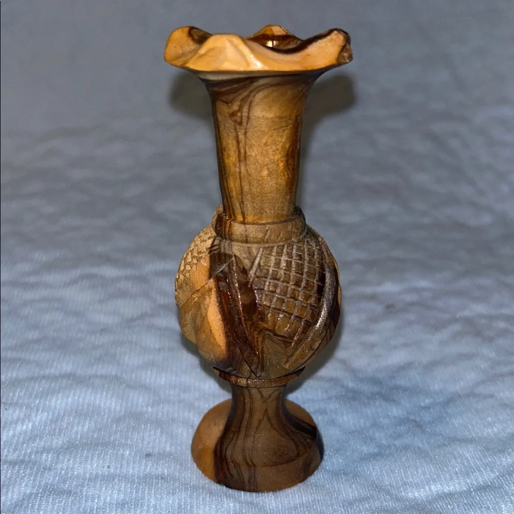 Bohemian Look Hand Carved Cross Hatched Olive Wood Miniature Bud Vase